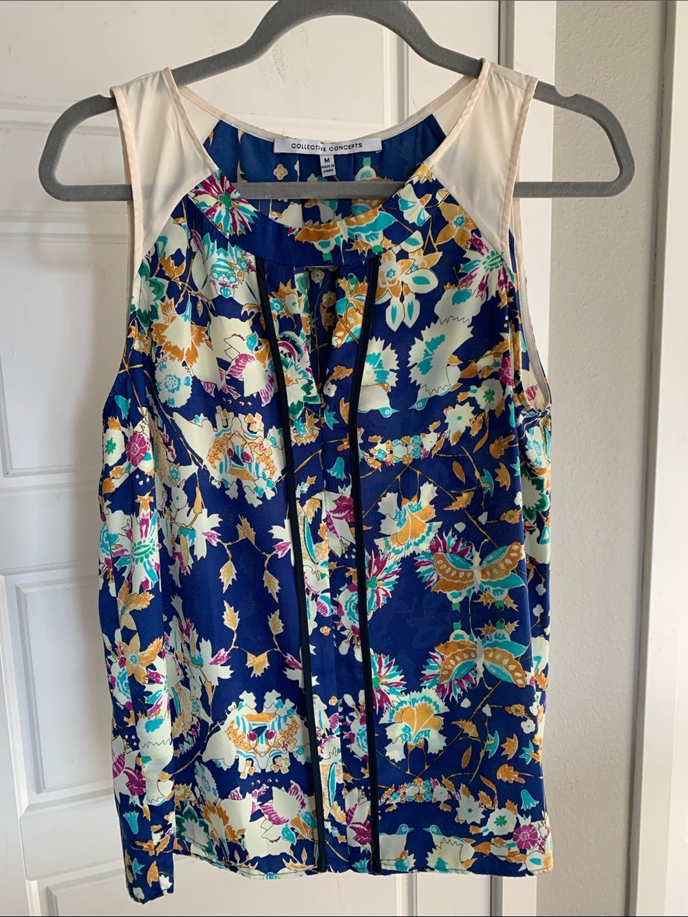 Collective Concepts Navy Floral Sleeveless Blouse with Cream Shoulders